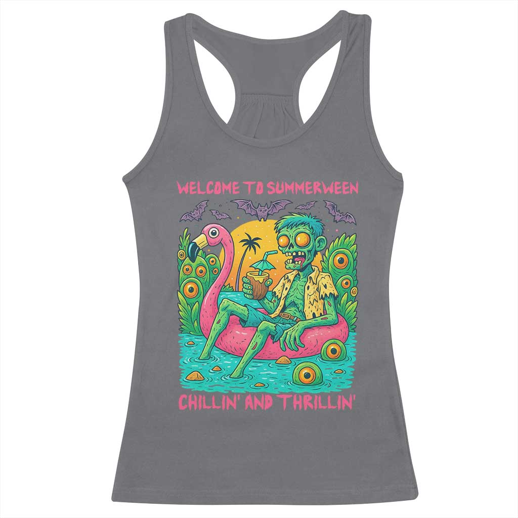Summerween Zombie Pool Party Racerback Tank Top Chillin and Thrillin Flamingo Float Summer Halloween TS02 Charcoal Print Your Wear