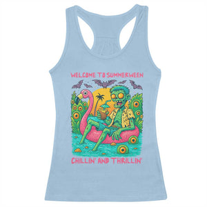 Summerween Zombie Pool Party Racerback Tank Top Chillin and Thrillin Flamingo Float Summer Halloween TS02 Light Blue Print Your Wear