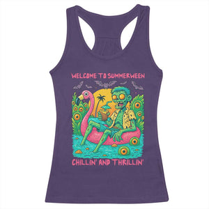 Summerween Zombie Pool Party Racerback Tank Top Chillin and Thrillin Flamingo Float Summer Halloween TS02 Purple Print Your Wear