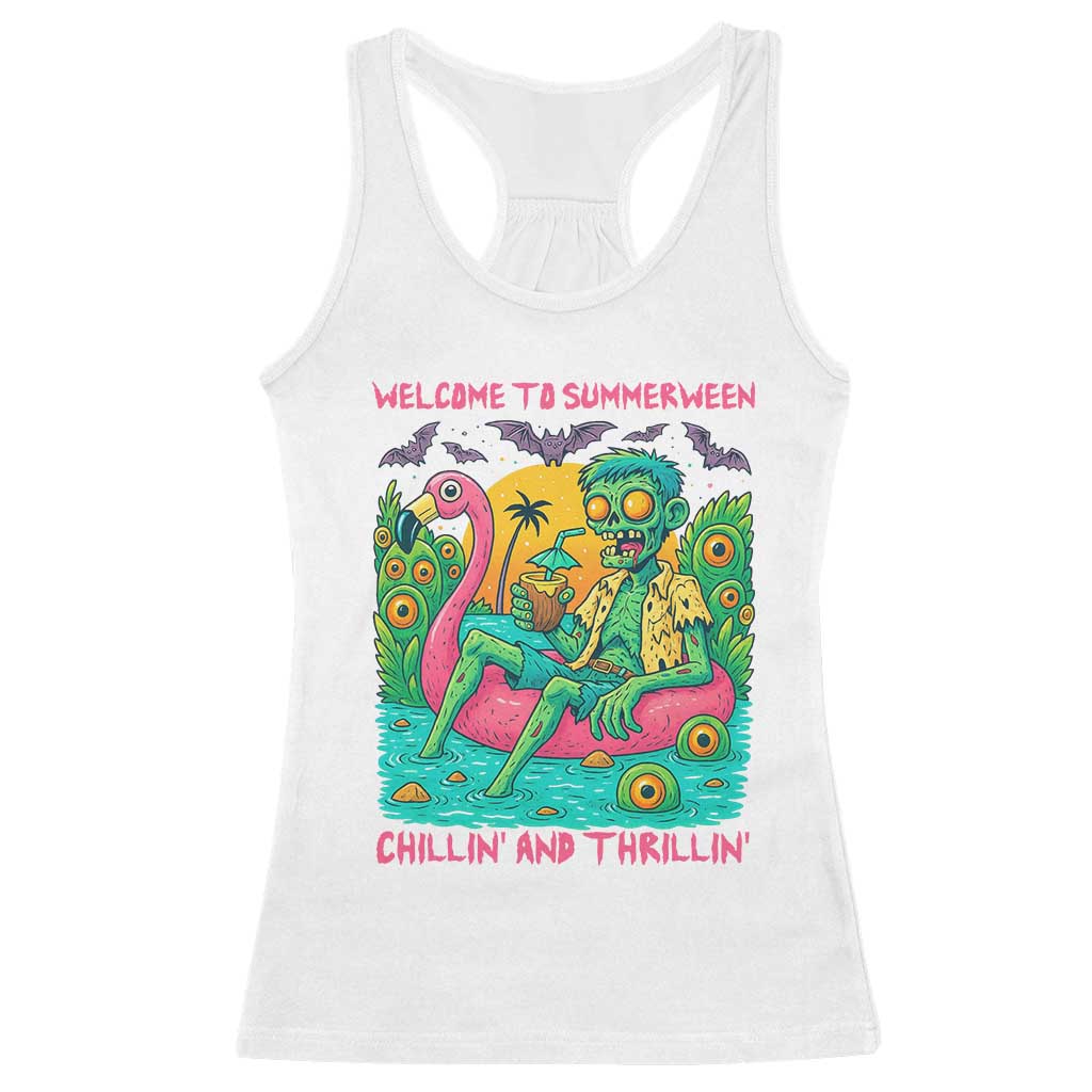 Summerween Zombie Pool Party Racerback Tank Top Chillin and Thrillin Flamingo Float Summer Halloween TS02 White Print Your Wear