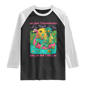 Summerween Zombie Pool Party Raglan Shirt Chillin and Thrillin Flamingo Float Summer Halloween TS02 Black White Print Your Wear