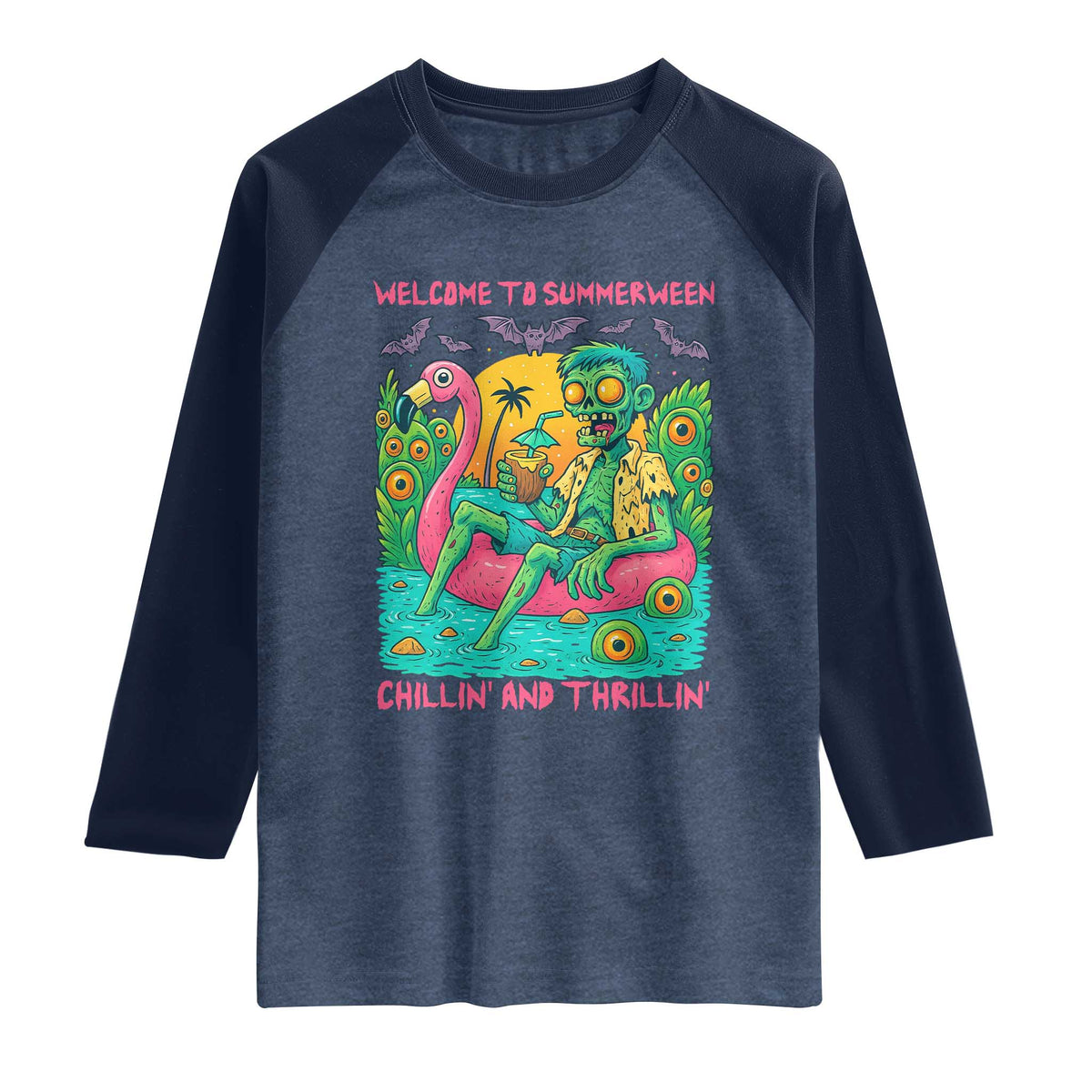 Summerween Zombie Pool Party Raglan Shirt Chillin and Thrillin Flamingo Float Summer Halloween TS02 Heather Denim Navy Print Your Wear