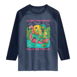 Summerween Zombie Pool Party Raglan Shirt Chillin and Thrillin Flamingo Float Summer Halloween TS02 Heather Denim Navy Print Your Wear