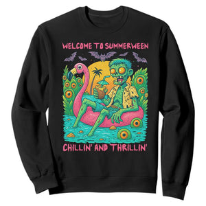 Summerween Zombie Pool Party Sweatshirt Chillin and Thrillin Flamingo Float Summer Halloween TS02 Black Print Your Wear