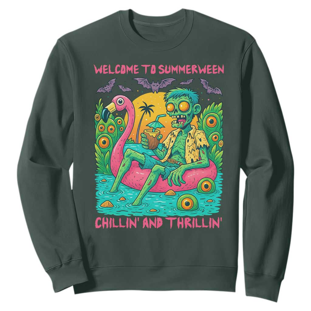 Summerween Zombie Pool Party Sweatshirt Chillin and Thrillin Flamingo Float Summer Halloween TS02 Dark Forest Green Print Your Wear
