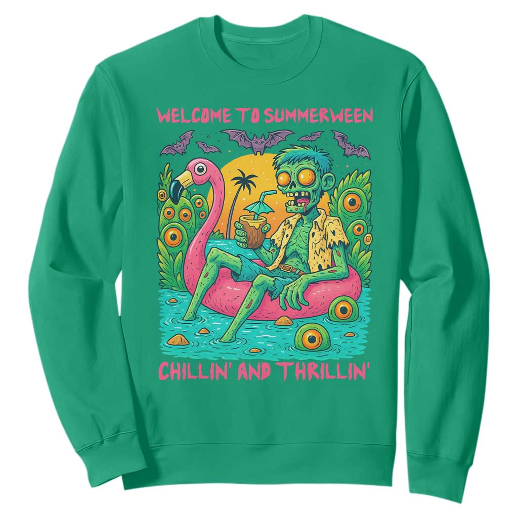 Summerween Zombie Pool Party Sweatshirt Chillin and Thrillin Flamingo Float Summer Halloween TS02 Irish Green Print Your Wear
