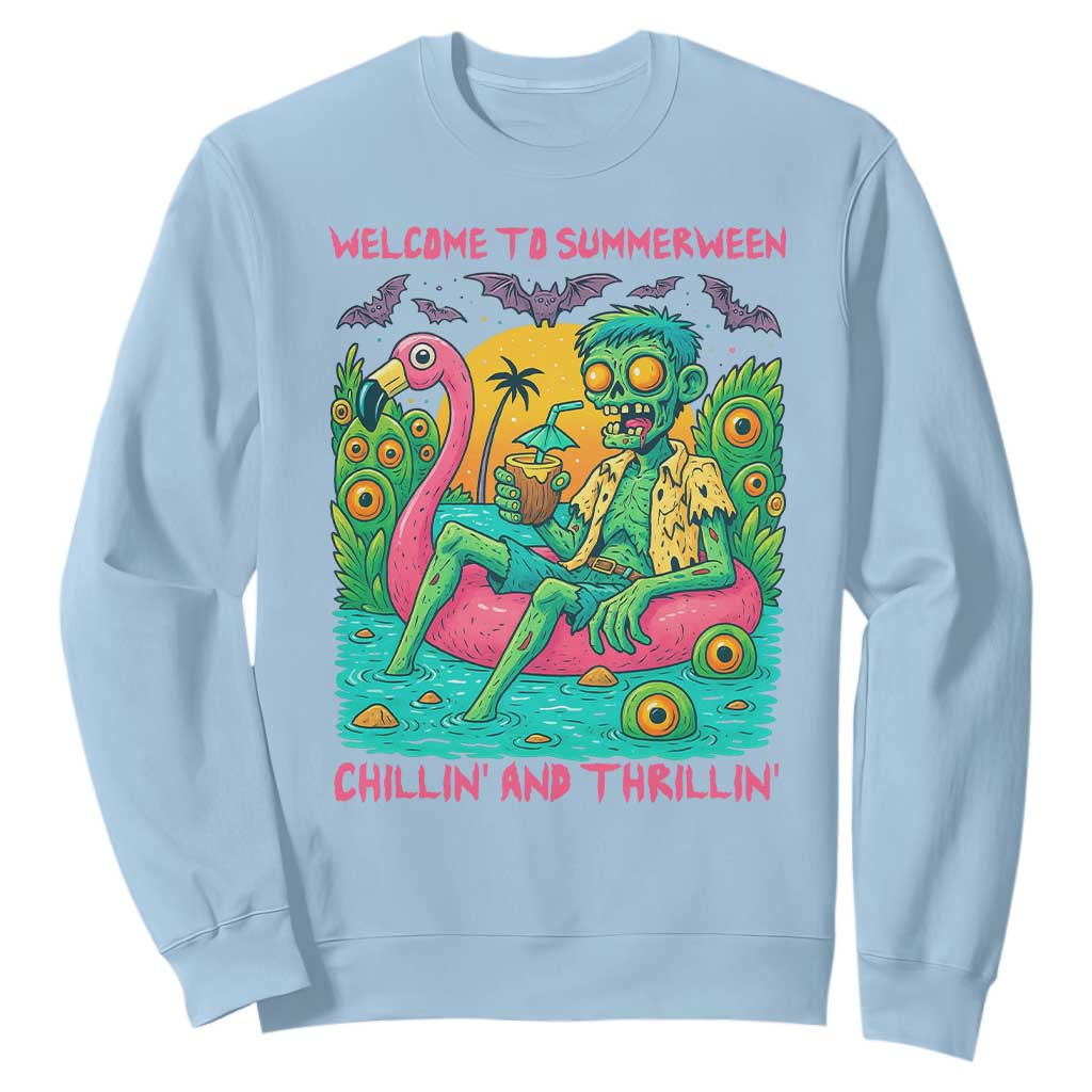 Summerween Zombie Pool Party Sweatshirt Chillin and Thrillin Flamingo Float Summer Halloween TS02 Light Blue Print Your Wear