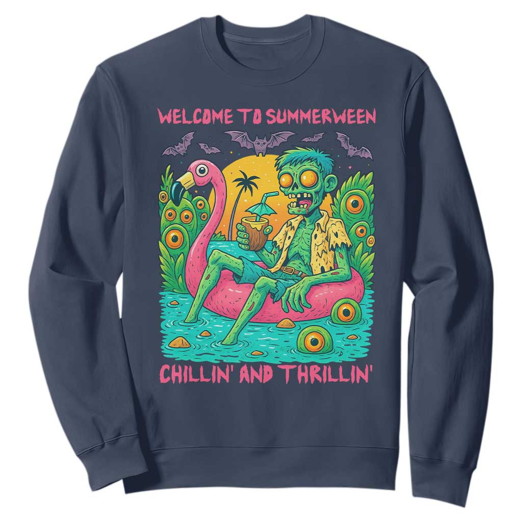 Summerween Zombie Pool Party Sweatshirt Chillin and Thrillin Flamingo Float Summer Halloween TS02 Navy Print Your Wear