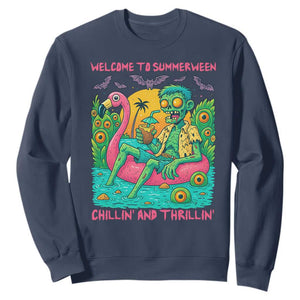 Summerween Zombie Pool Party Sweatshirt Chillin and Thrillin Flamingo Float Summer Halloween TS02 Navy Print Your Wear