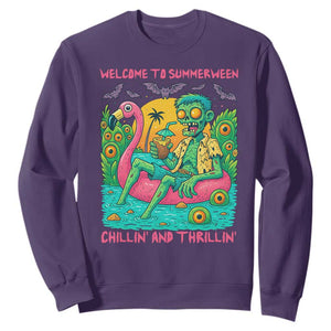 Summerween Zombie Pool Party Sweatshirt Chillin and Thrillin Flamingo Float Summer Halloween TS02 Purple Print Your Wear