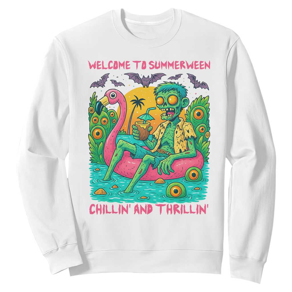 Summerween Zombie Pool Party Sweatshirt Chillin and Thrillin Flamingo Float Summer Halloween TS02 White Print Your Wear