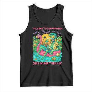 Summerween Zombie Pool Party Tank Top Chillin and Thrillin Flamingo Float Summer Halloween TS02 Black Print Your Wear