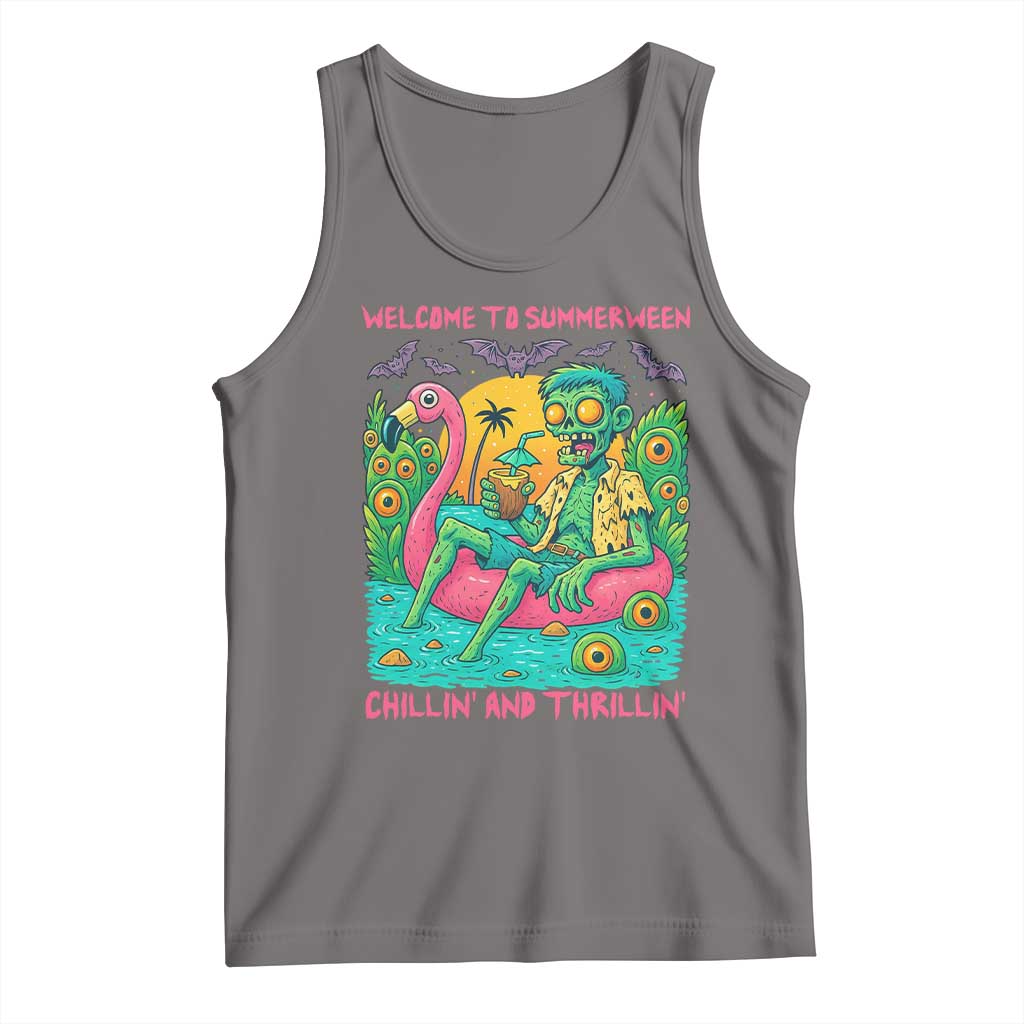 Summerween Zombie Pool Party Tank Top Chillin and Thrillin Flamingo Float Summer Halloween TS02 Deep Heather Print Your Wear