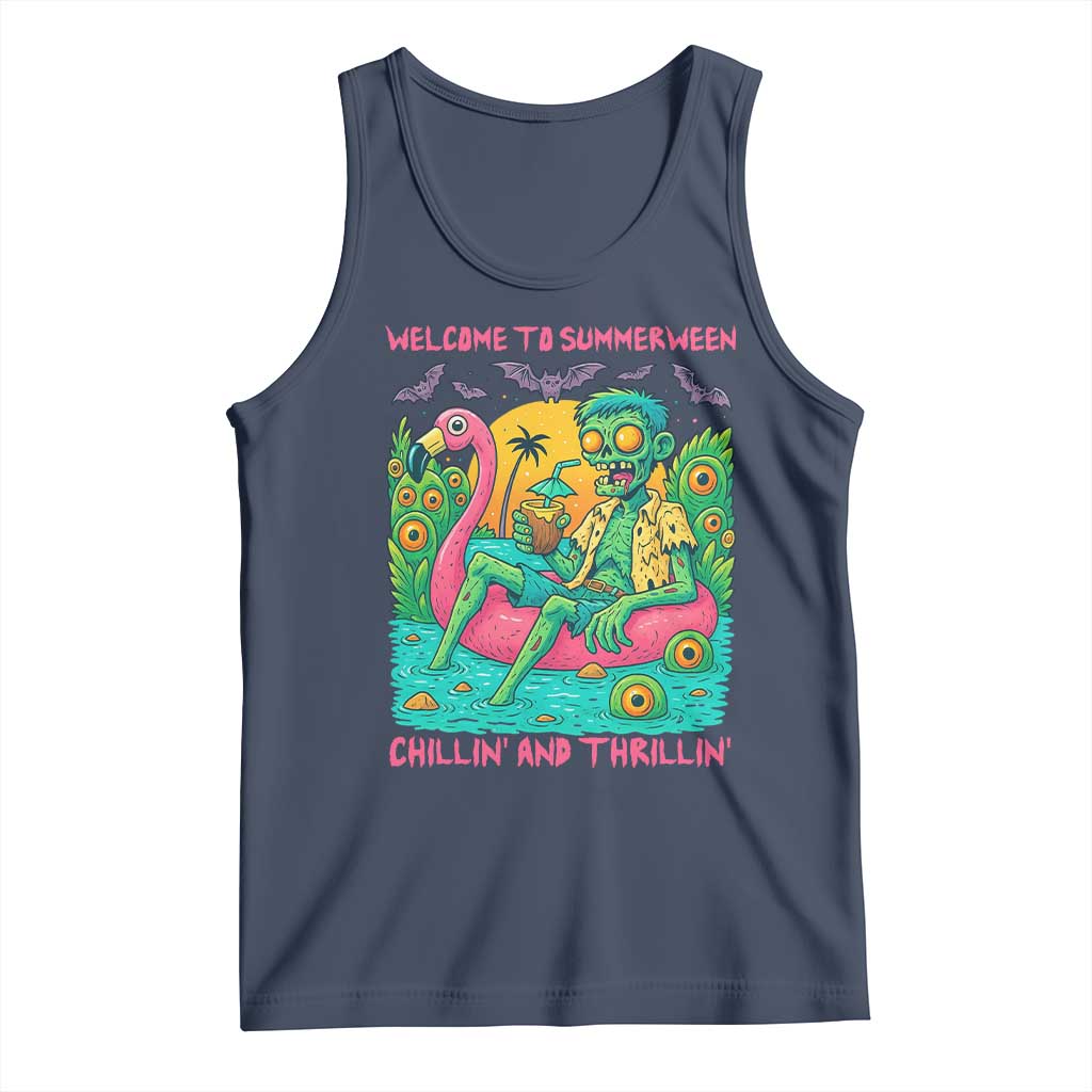 Summerween Zombie Pool Party Tank Top Chillin and Thrillin Flamingo Float Summer Halloween TS02 Navy Print Your Wear