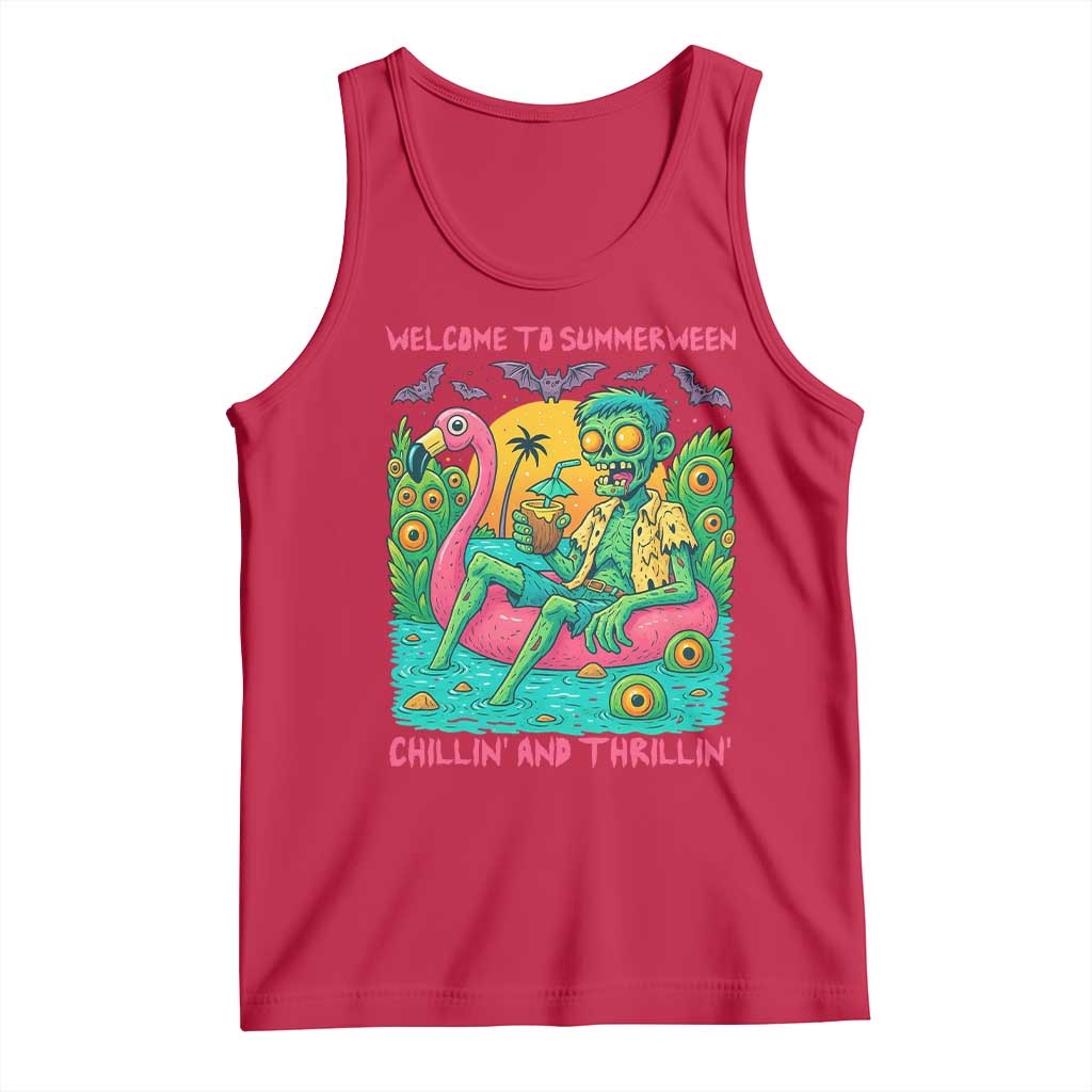 Summerween Zombie Pool Party Tank Top Chillin and Thrillin Flamingo Float Summer Halloween TS02 Red Print Your Wear