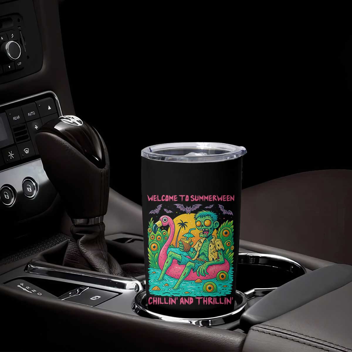 Summerween Zombie Pool Party Tumbler Cup Chillin and Thrillin Flamingo Float Summer Halloween TS02 Print Your Wear
