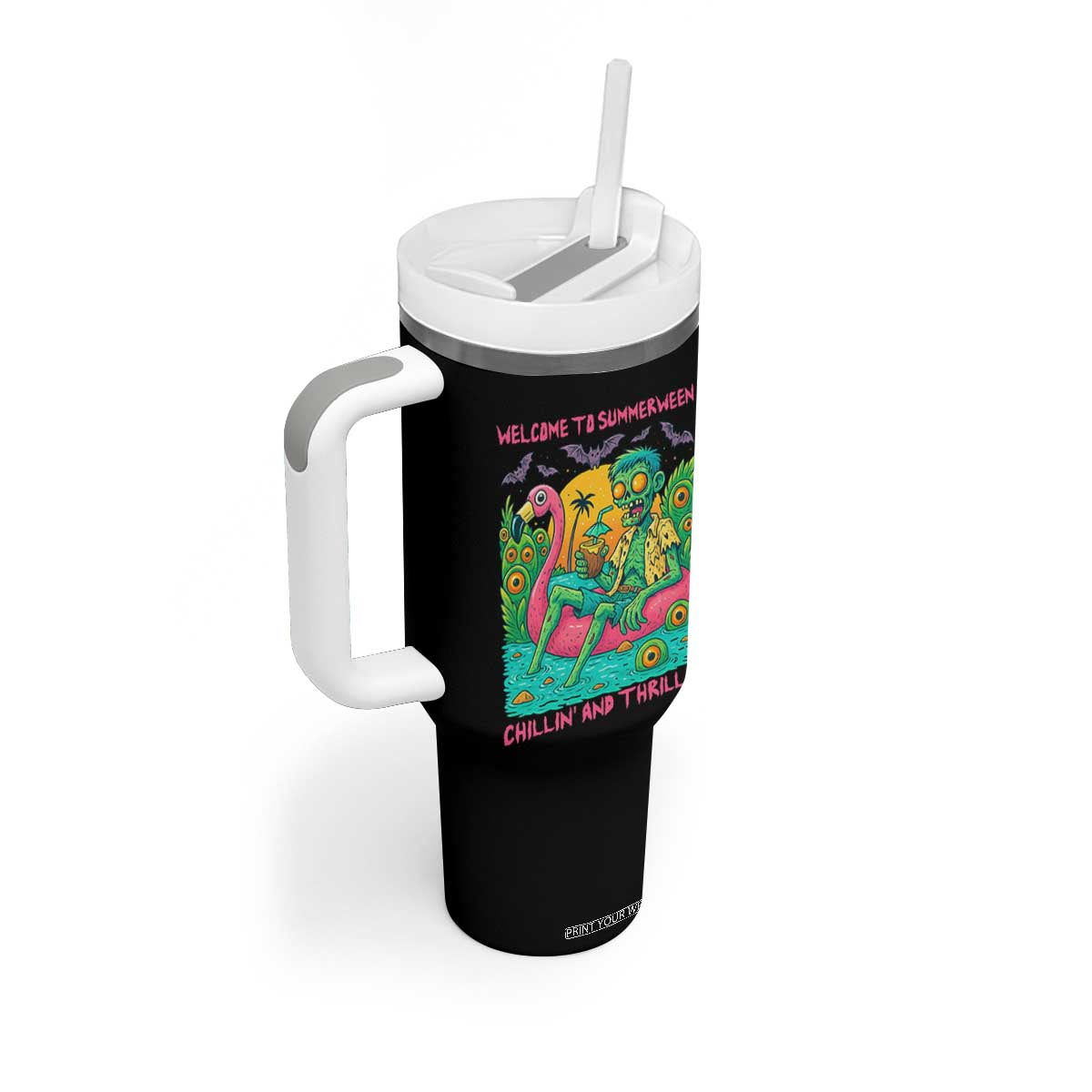 Summerween Zombie Pool Party Tumbler With Handle Chillin and Thrillin Flamingo Float Summer Halloween TS02 Print Your Wear