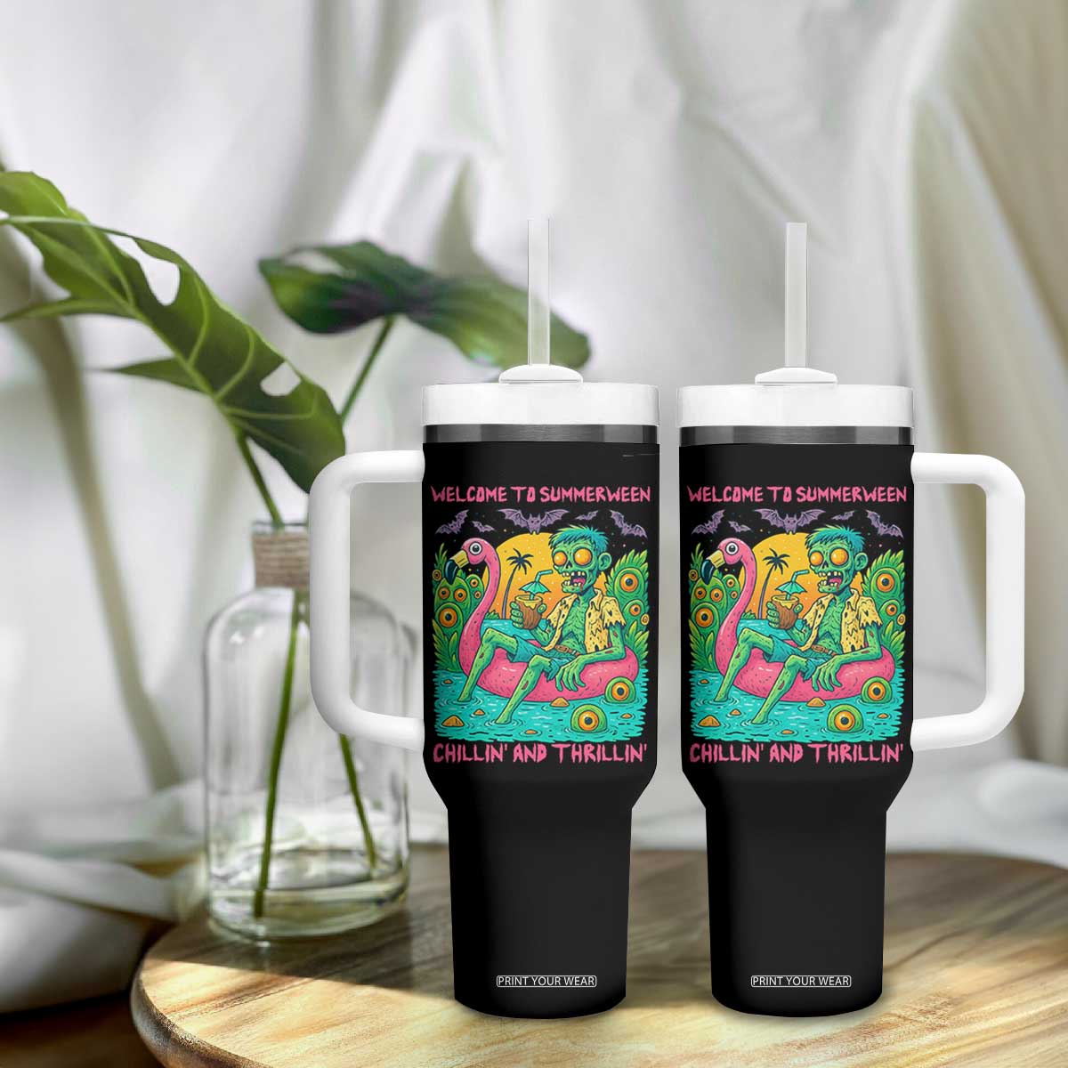 Summerween Zombie Pool Party Tumbler With Handle Chillin and Thrillin Flamingo Float Summer Halloween TS02 Print Your Wear