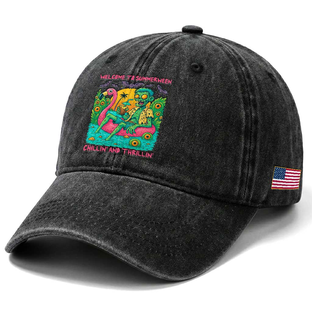 Summerween Zombie Pool Party Washed Cotton Baseball Cap Chillin and Thrillin Flamingo Float Summer Halloween TS02 Print Your Wear