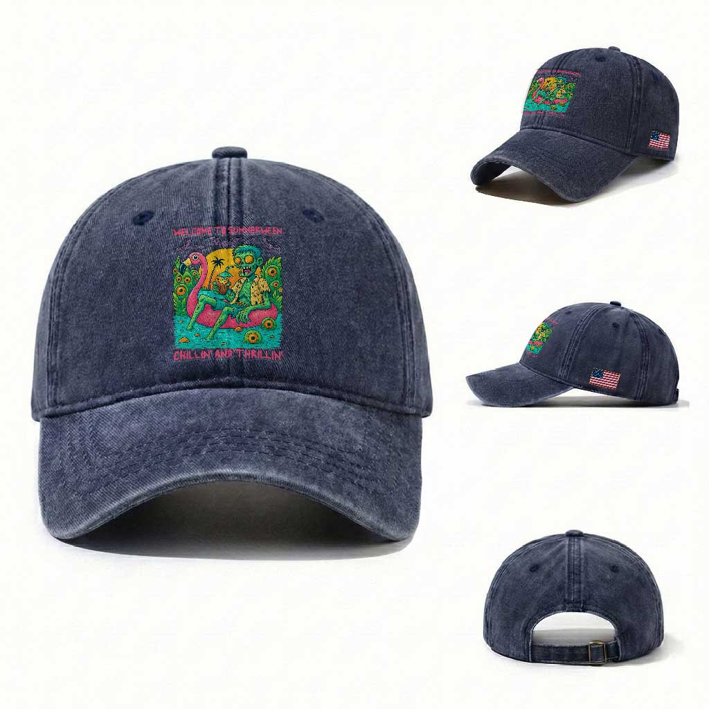 Summerween Zombie Pool Party Washed Cotton Baseball Cap Chillin and Thrillin Flamingo Float Summer Halloween TS02 Washed Cap Universal Fit Navy Print Your Wear
