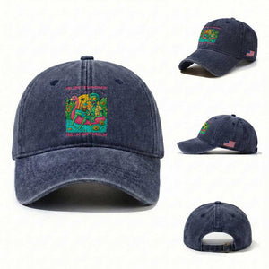 Summerween Zombie Pool Party Washed Cotton Baseball Cap Chillin and Thrillin Flamingo Float Summer Halloween TS02 Washed Cap Universal Fit Navy Print Your Wear