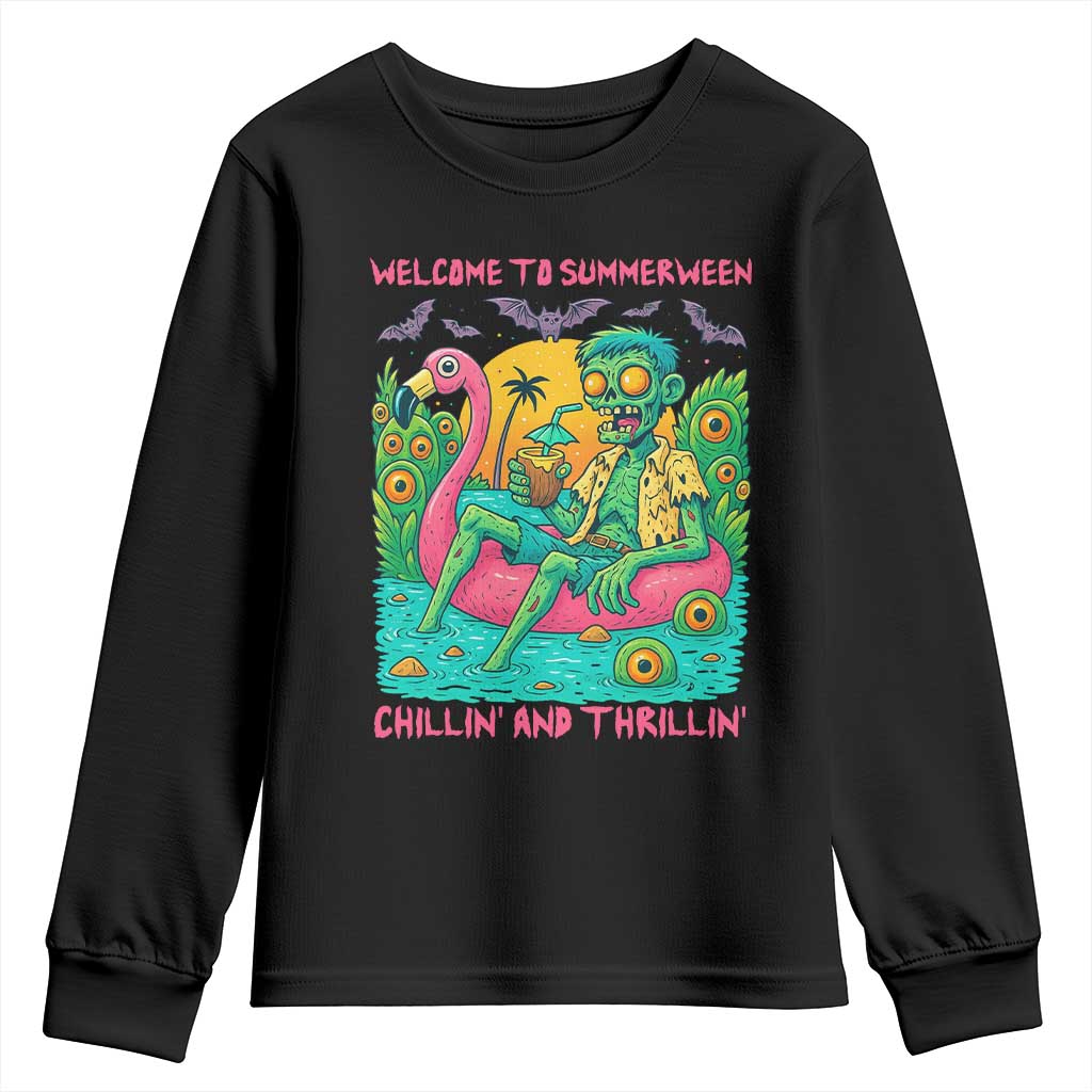 Summerween Zombie Pool Party Youth Sweatshirt Chillin and Thrillin Flamingo Float Summer Halloween TS02 Black Print Your Wear