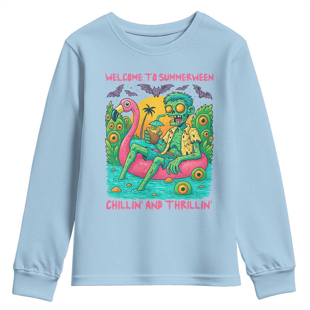 Summerween Zombie Pool Party Youth Sweatshirt Chillin and Thrillin Flamingo Float Summer Halloween TS02 Light Blue Print Your Wear