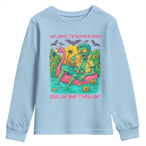 Summerween Zombie Pool Party Youth Sweatshirt Chillin and Thrillin Flamingo Float Summer Halloween TS02 Light Blue Print Your Wear