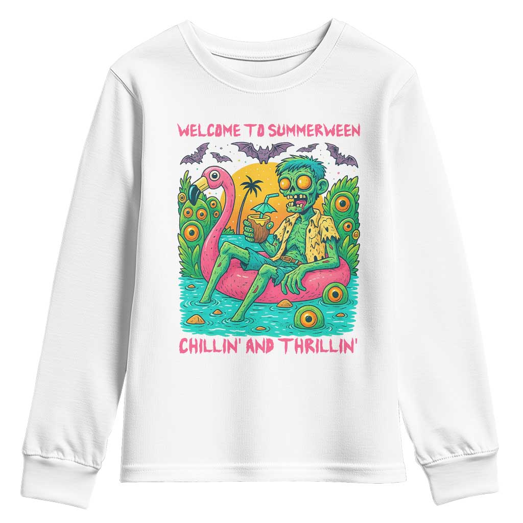 Summerween Zombie Pool Party Youth Sweatshirt Chillin and Thrillin Flamingo Float Summer Halloween TS02 White Print Your Wear