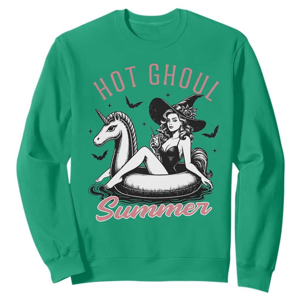 Hot Ghoul Summer Sweatshirt Retro Pin Up Witch Summerween Summer Beach Halloween Vibes TS02 Irish Green Print Your Wear