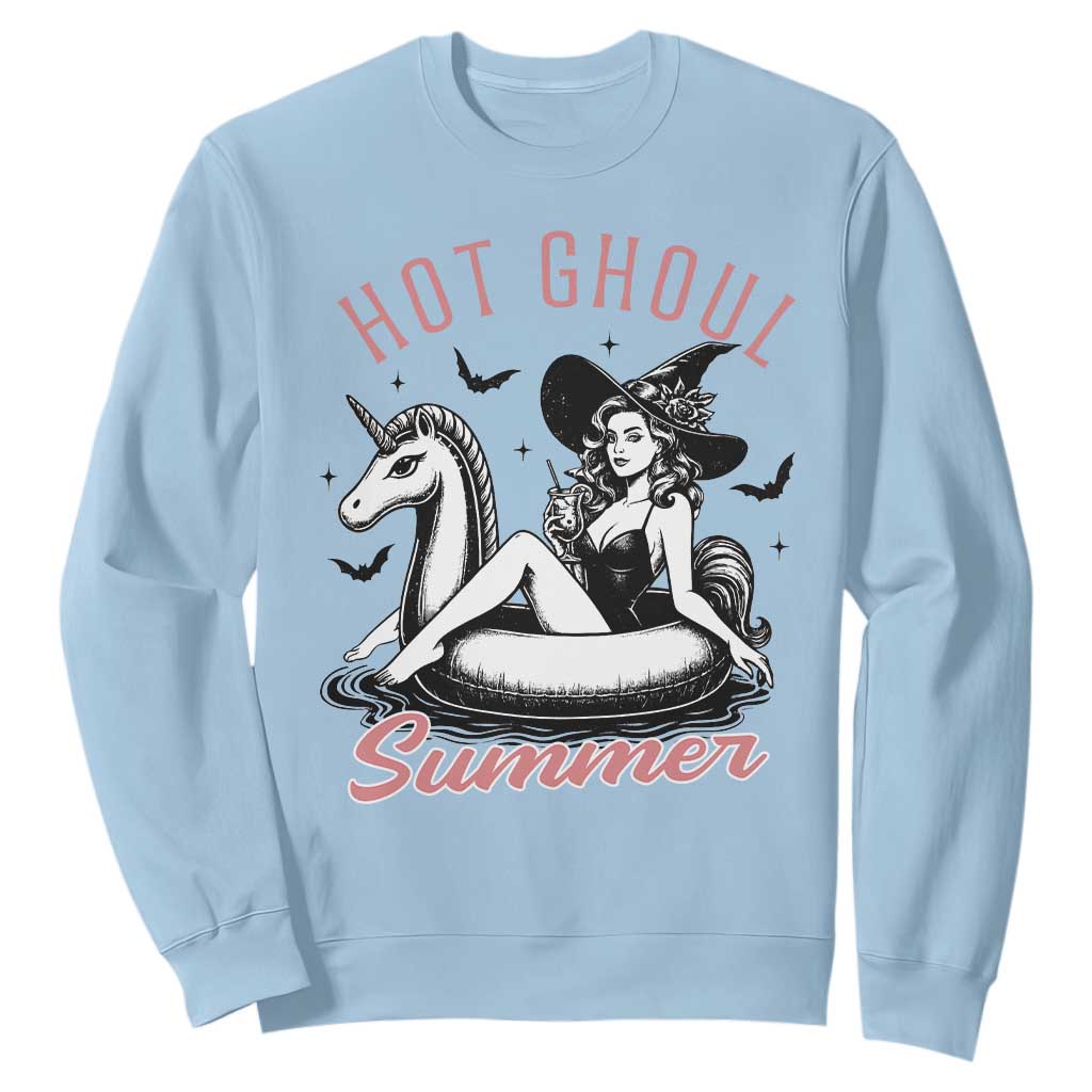 Hot Ghoul Summer Sweatshirt Retro Pin Up Witch Summerween Summer Beach Halloween Vibes TS02 Light Blue Print Your Wear
