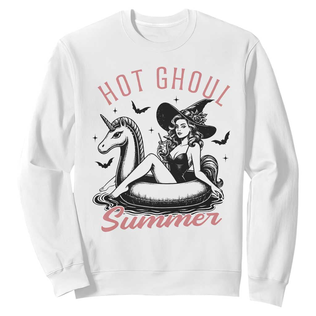 Hot Ghoul Summer Sweatshirt Retro Pin Up Witch Summerween Summer Beach Halloween Vibes TS02 White Print Your Wear
