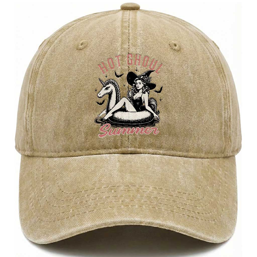 Hot Ghoul Summer Washed Cotton Baseball Cap Retro Pin Up Witch Summerween Summer Beach Halloween Vibes TS02 Print Your Wear