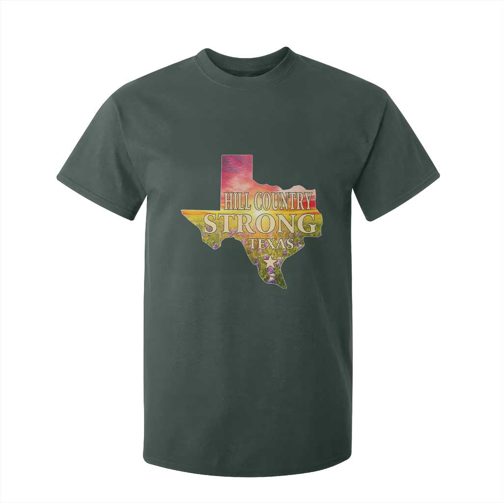 Hill Country Strong Texas T Shirt For Kid Sunset Bluebonnet Resilience TS02 Dark Forest Green Print Your Wear