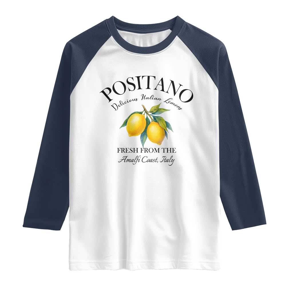 Positano Lemons Raglan Shirt Fresh from the Amalfi Coast Italian Fruit TS02 White Navy Print Your Wear
