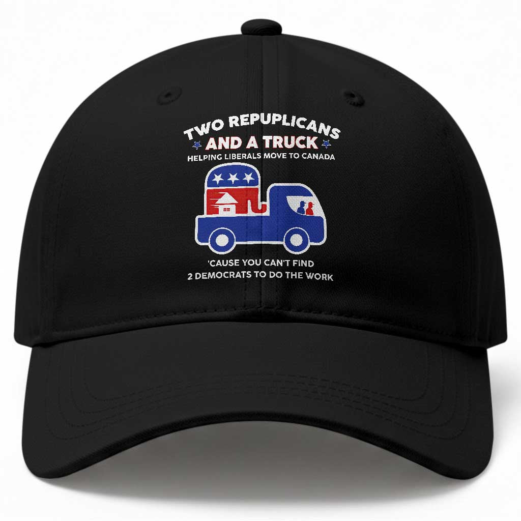 Two Republicans And A Truck Helping Liberals Move To Canada Baseball Cap Funny Elephant Red White and Blue Sarcastic Political TS02 Print Your Wear