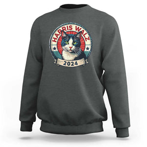 Harris Walz 2024 Sweatshirt Funny Cat Election Kamala Harris Tim Waltz TS02 Dark Heather Print Your Wear