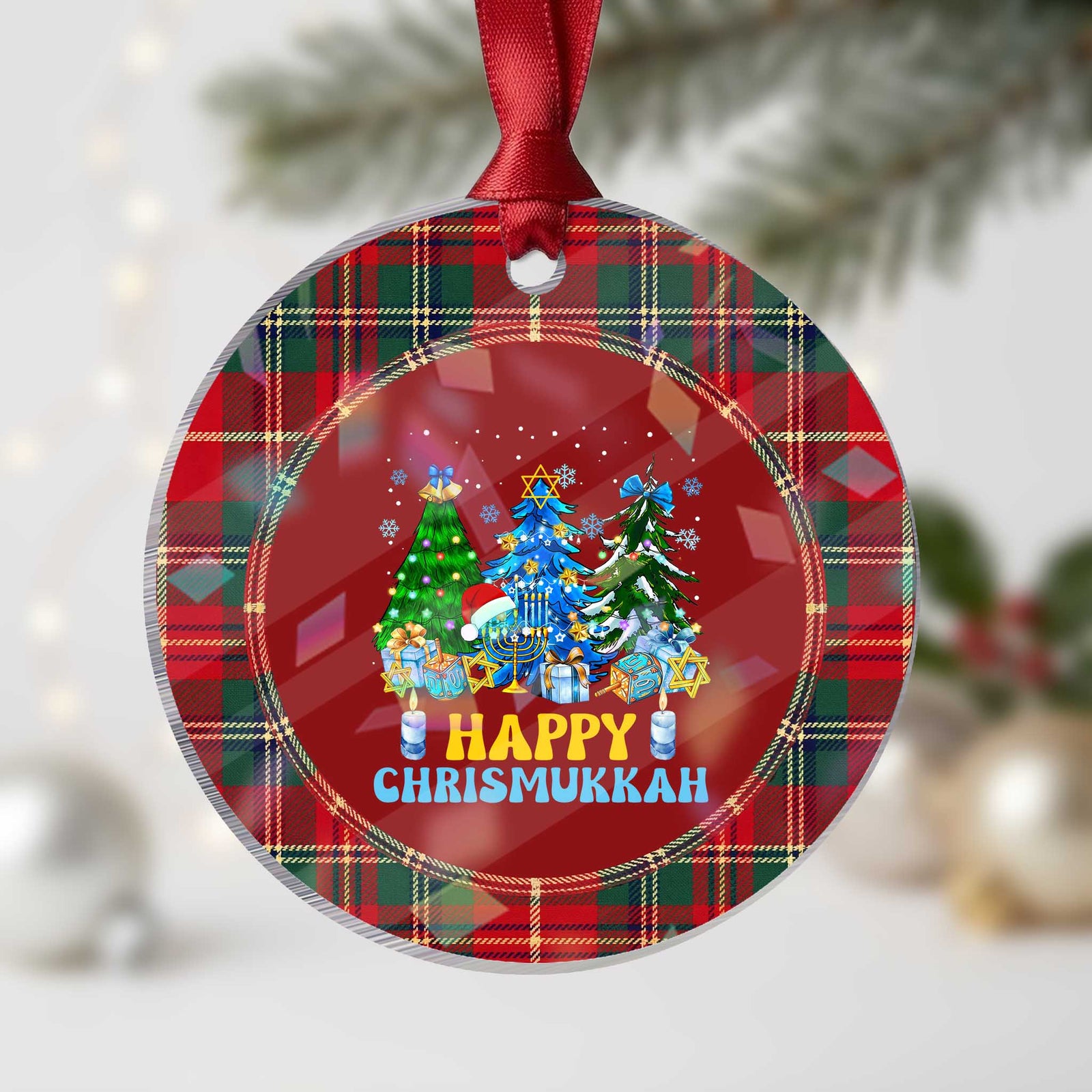 Merry Christmukkah Interfaith Chanukah Trees Graphic Holographic Acrylic Ornament Harmonious Jewish Holiday Festival of Lights Unity Art