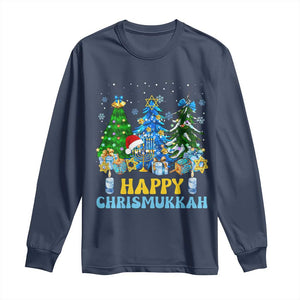 Christmas Hanukkah Long Sleeve Shirt Merry Christmukkah Jewish Christmas Trees Chanukah TS02 Navy Print Your Wear