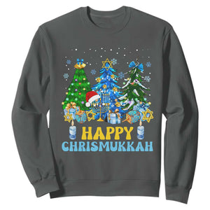 Christmas Hanukkah Sweatshirt Merry Christmukkah Jewish Christmas Trees Chanukah Hanukkah TS02 Dark Heather Printyourwear