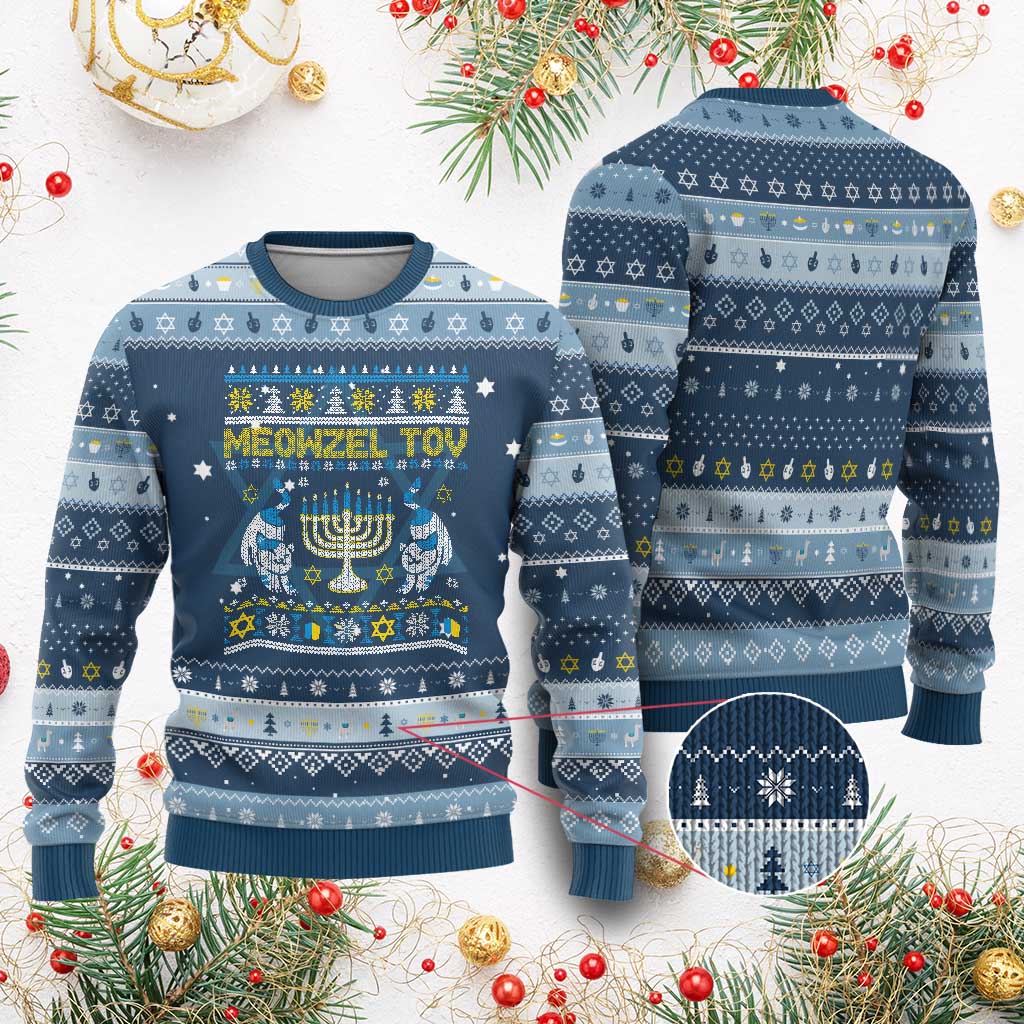 Funny Cat Hanukkah Ugly Sweater Meowzel Tov Chanukah Jewish TS02 Navy Light Blue Print Your Wear