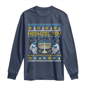 Funny Hanukkah Cat Long Sleeve Shirt Meowzel Tov Chanukah Jewish Ugly Sweater Hanukkah TS02 Navy Print Your Wear