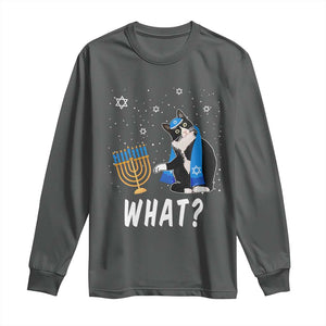 Funny Hanukkah Cat Long Sleeve Shirt What Hanukcat Chanukah Jewish Festival TS02 Dark Heather Print Your Wear