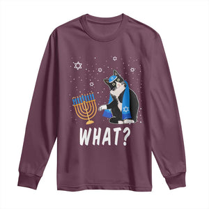 Funny Hanukkah Cat Long Sleeve Shirt What Hanukcat Chanukah Jewish Festival TS02 Maroon Print Your Wear