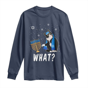 Funny Hanukkah Cat Long Sleeve Shirt What Hanukcat Chanukah Jewish Festival TS02 Navy Print Your Wear