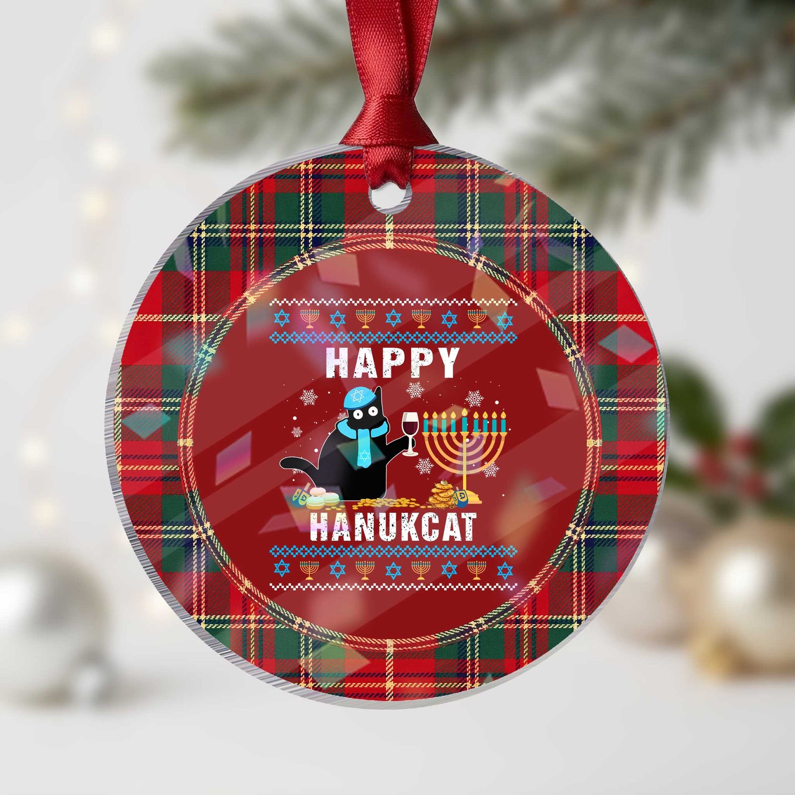 Happy Hanukcat Drinking Wine Black Cat Holiday Graphic Holographic Acrylic Ornament Sarcastic Menorah Jewish Chanukah Party Humor Art
