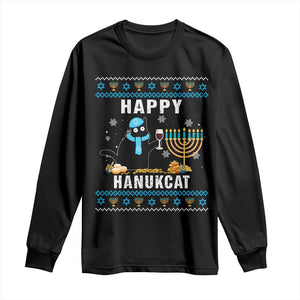 Funny Hanukkah Cat Long Sleeve Shirt Happy Hanukcat Drinking Black Cat Jewish Menorah Chanukah TS02 Black Print Your Wear