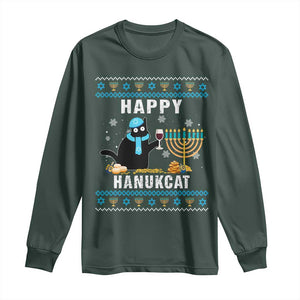 Funny Hanukkah Cat Long Sleeve Shirt Happy Hanukcat Drinking Black Cat Jewish Menorah Chanukah TS02 Dark Forest Green Print Your Wear