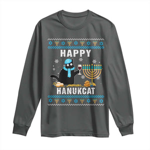 Funny Hanukkah Cat Long Sleeve Shirt Happy Hanukcat Drinking Black Cat Jewish Menorah Chanukah TS02 Dark Heather Print Your Wear