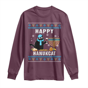 Funny Hanukkah Cat Long Sleeve Shirt Happy Hanukcat Drinking Black Cat Jewish Menorah Chanukah TS02 Maroon Print Your Wear